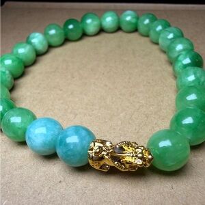 New 18K Solid Real Gold Genuine Jade gemstone bracelet adjustable unisex